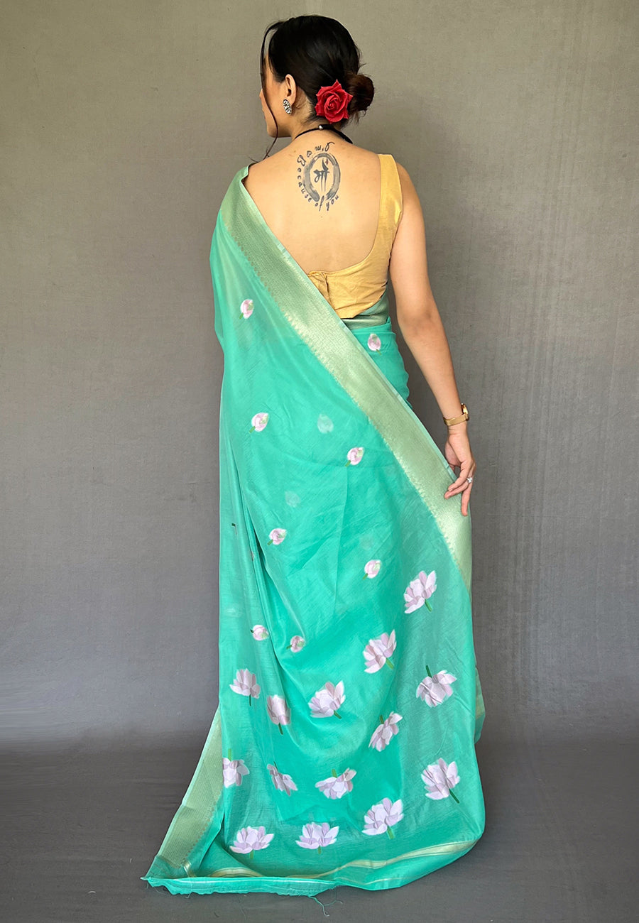 Buy MySilkLove Aquamarine Blue Cotton Lotus Woven Silk Saree Online