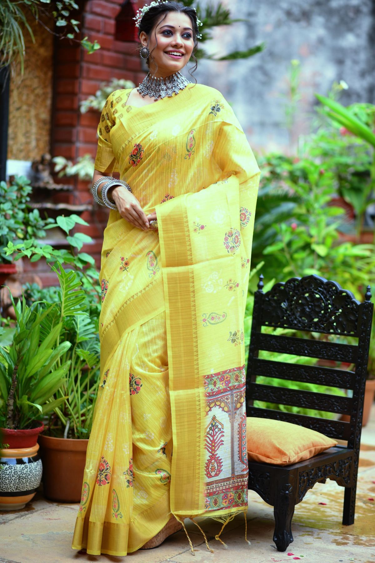 Buy MySilkLove Paris Daisy Yellow Printed South Silk Saree Online