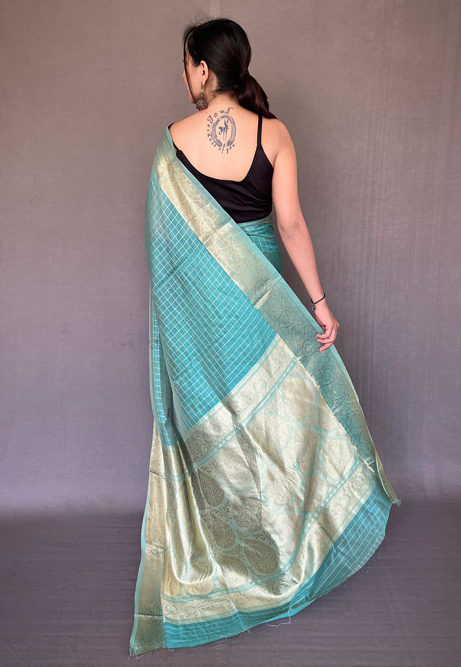 Buy MySilkLove Malachite Blue Zari Woven Organza Checks Saree Online