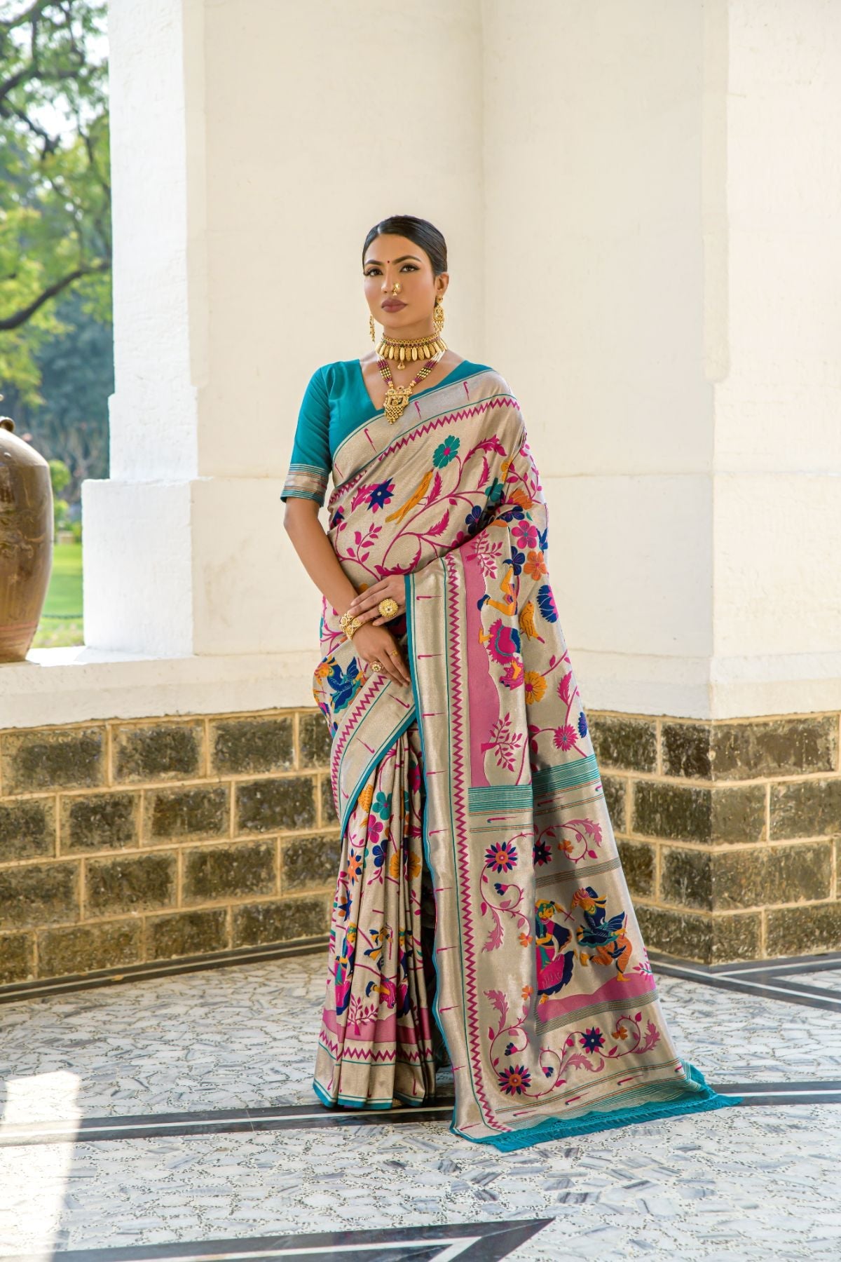 Buy MySilkLove Envy Blue and Pink Woven Paithani Silk Saree Online