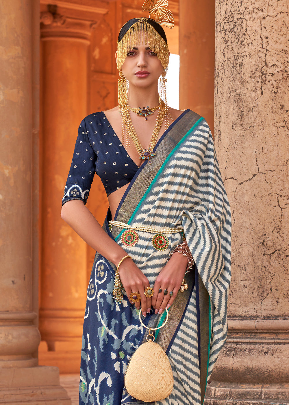 Buy MySilkLove Fiord Blue and White Designer Printed Patola Silk Saree Online