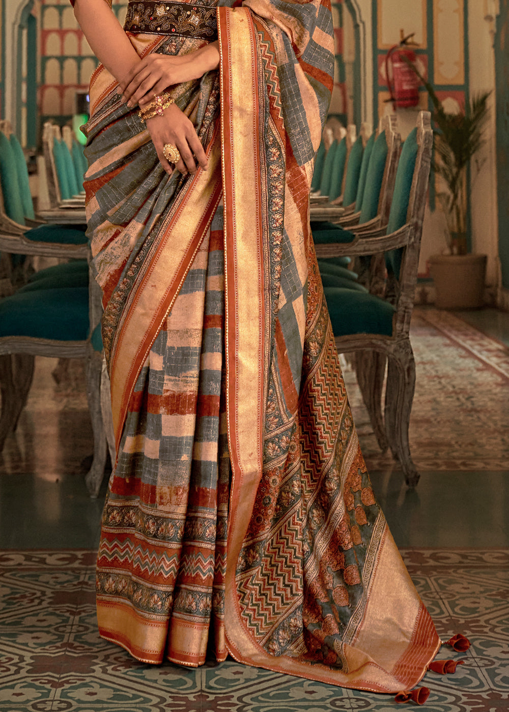 Buy MySilkLove Shadow grey and Cream Printed Patola Soft Silk Saree Online