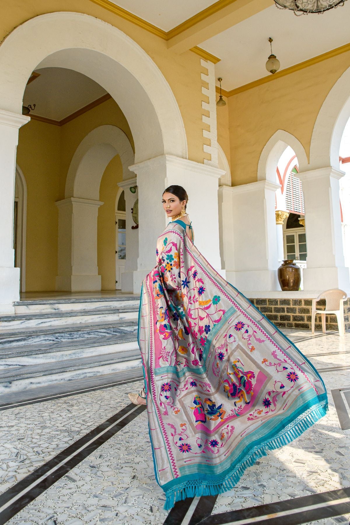 Buy MySilkLove Envy Blue and Pink Woven Paithani Silk Saree Online