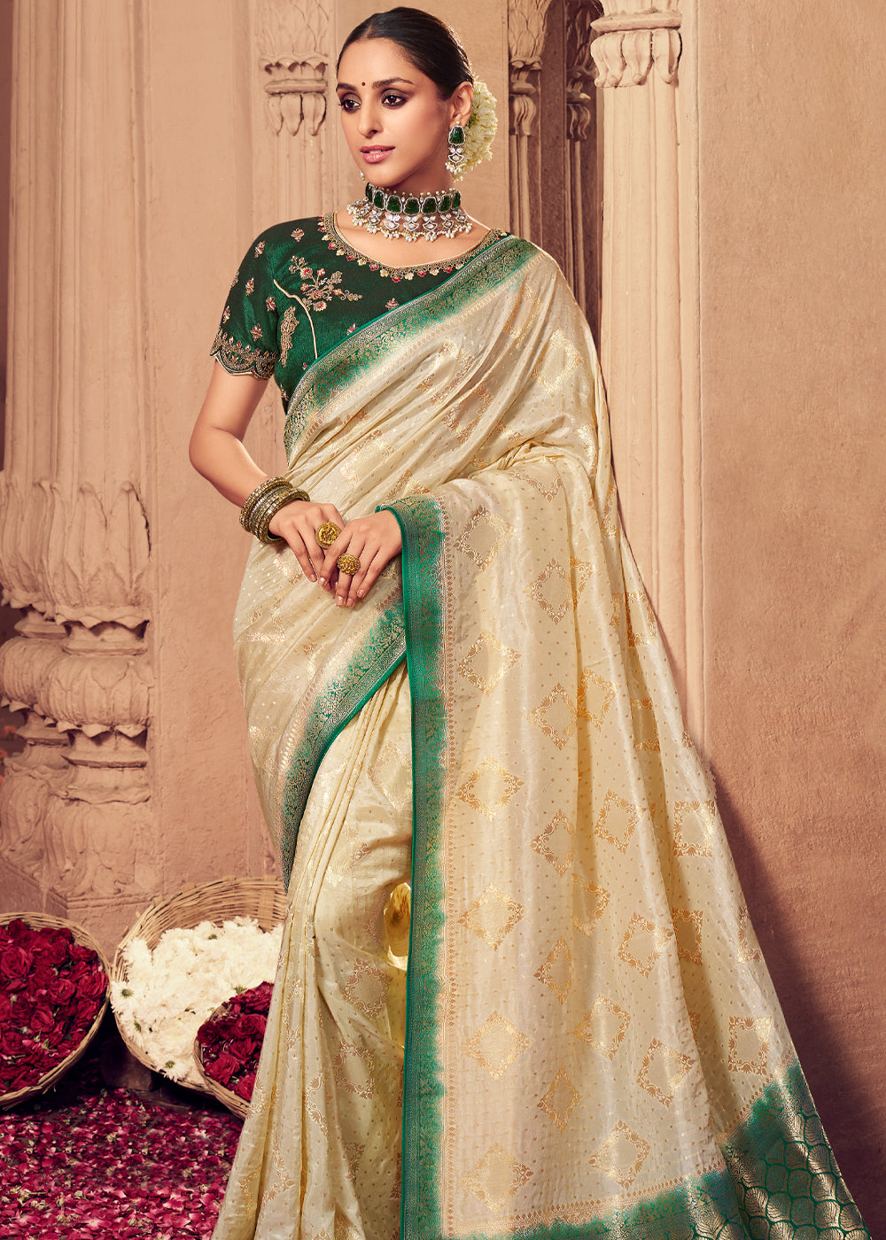 Buy MySilkLove Chamois Cream and Green Zari Woven Designer Banarasi Saree Online