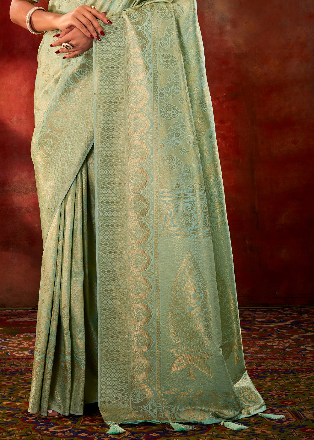 Buy MySilkLove Sage Green Woven Kanjivaram Silk Saree Online