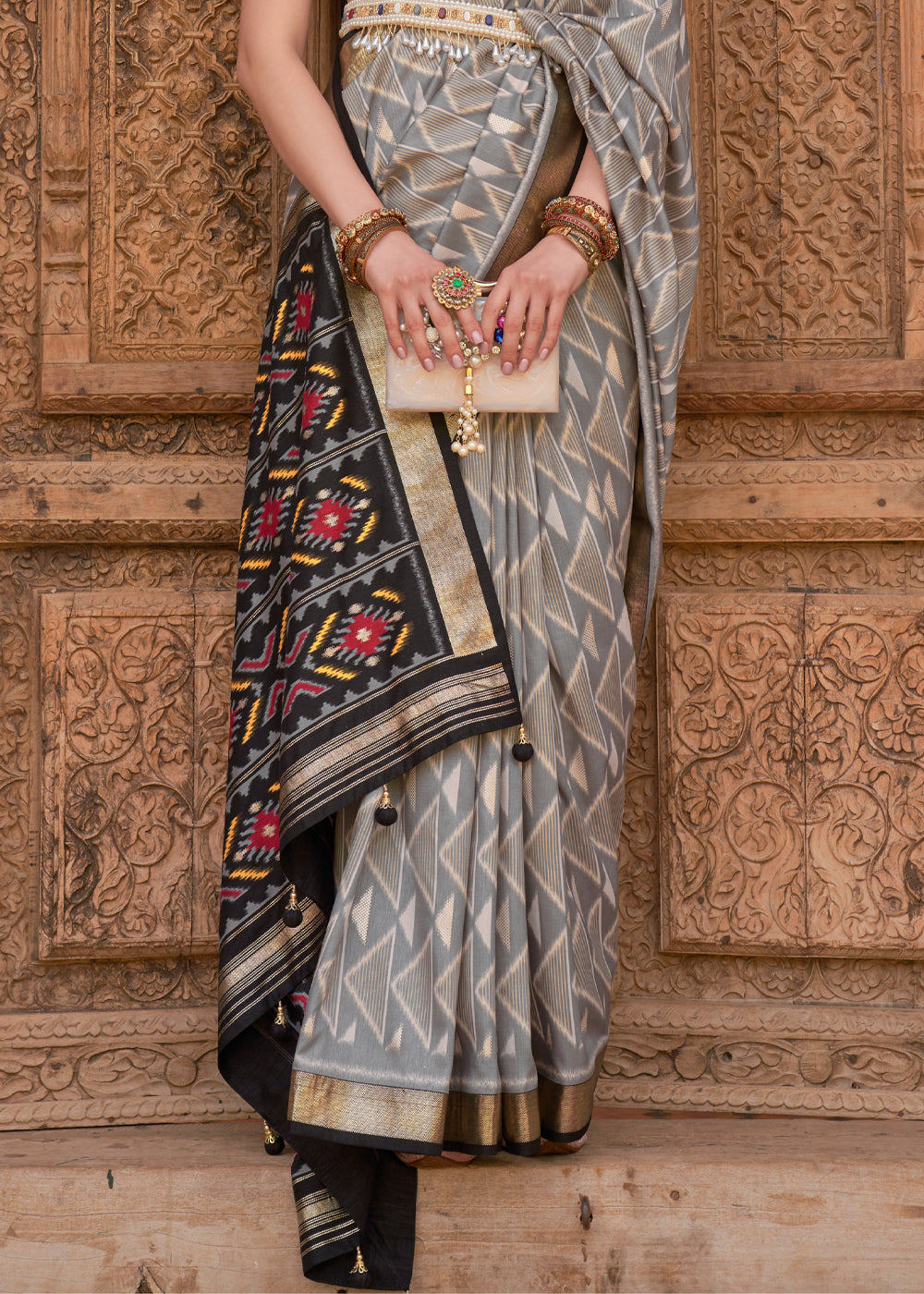 Buy MySilkLove Cloudy Grey and Black Woven Patola Silk Saree Online