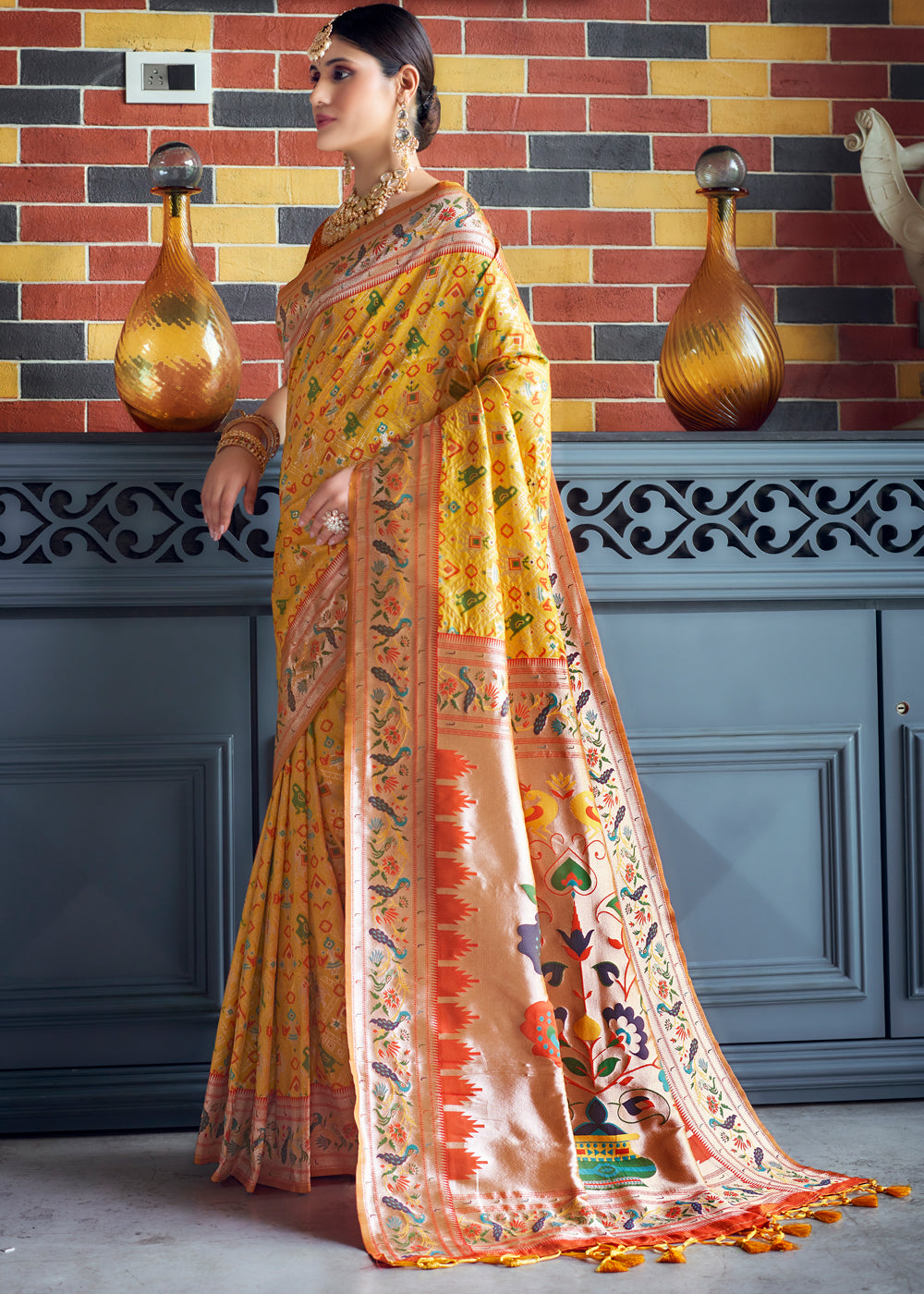 Buy MySilkLove Marigold Yellow Woven Paithani Patola Silk Saree Online