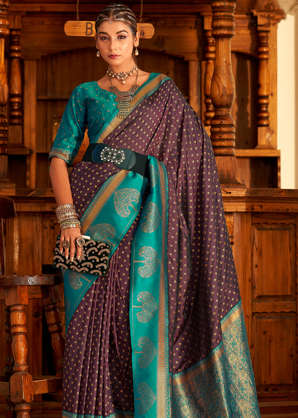 Buy MySilkLove Rose Dust Purple and Green Woven Banarasi Soft Silk Saree Online