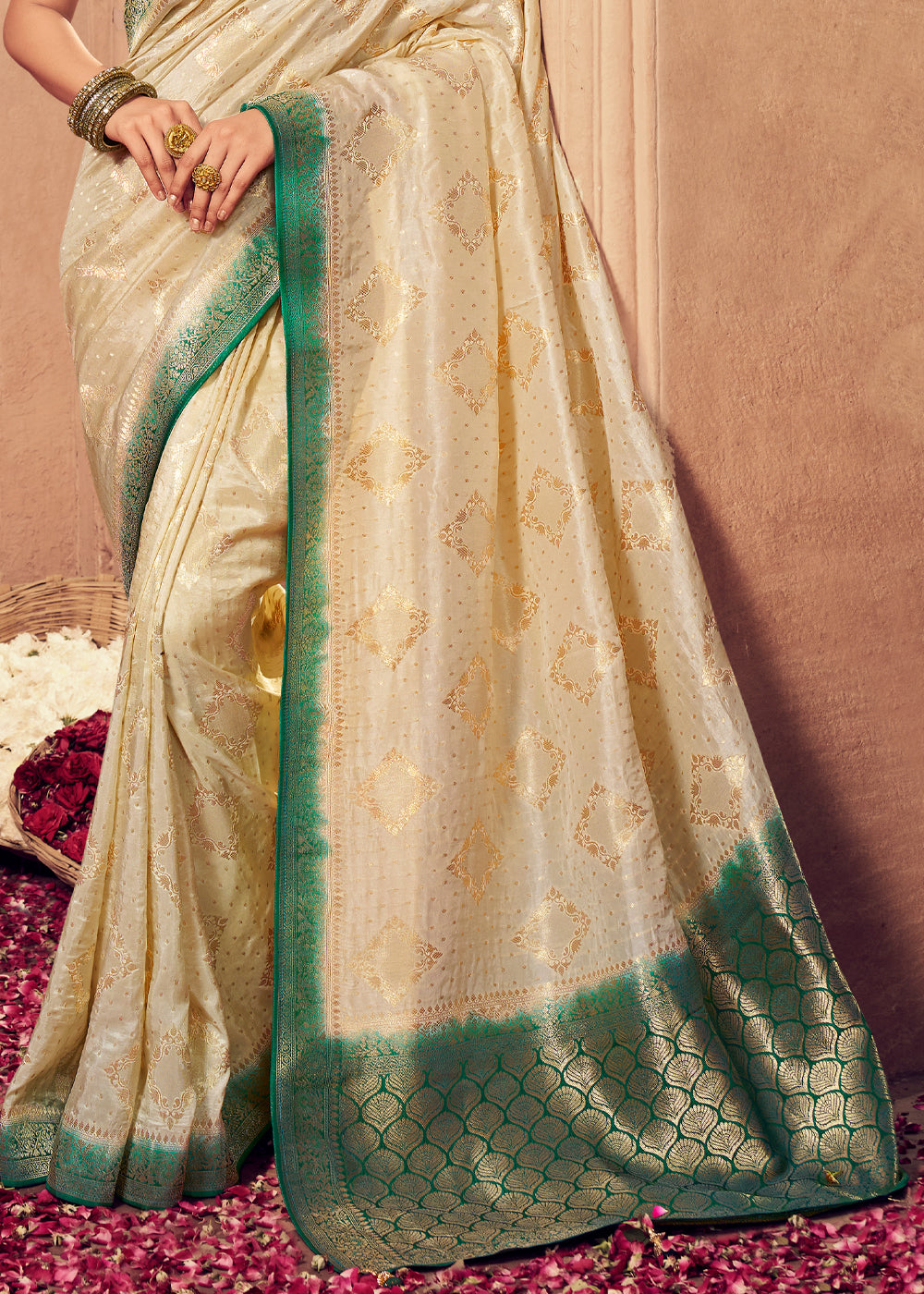 Buy MySilkLove Chamois Cream and Green Zari Woven Designer Banarasi Saree Online