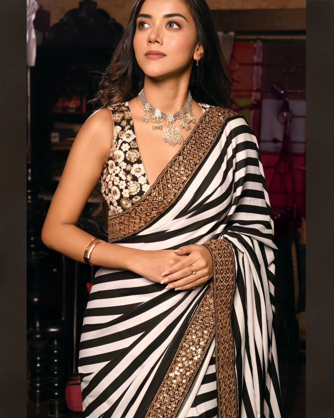 Buy MySilkLove Licorice Black and White Printed Georgette saree Online