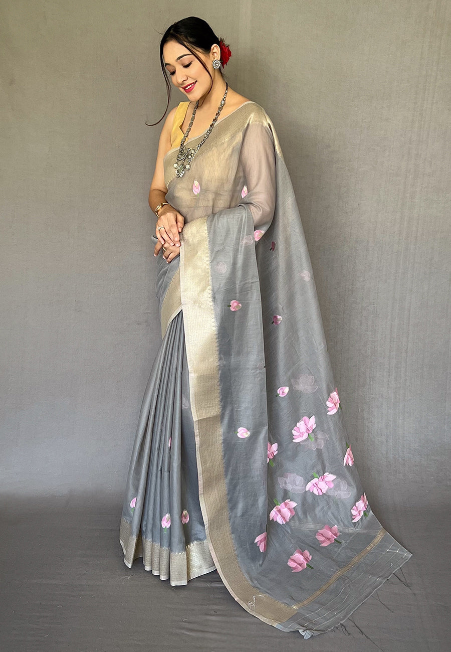 Buy MySilkLove Dawn Grey Cotton Lotus Woven Silk Saree Online