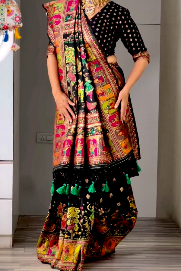 Buy MySilkLove Code Dark Black Kashmiri Woven Banarasi Silk Saree Online