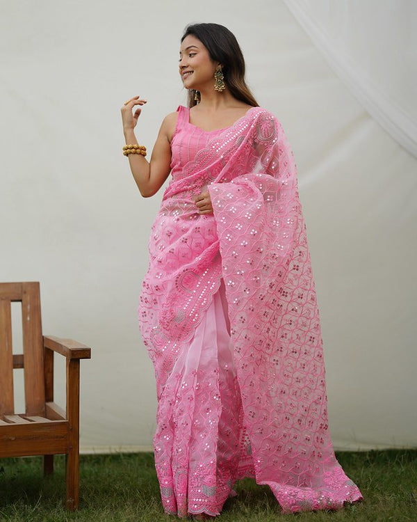 Carnation Pink Designer Organza saree with Sequence Work