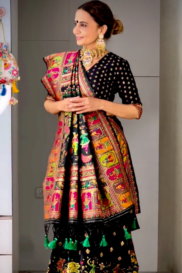 Buy MySilkLove Code Dark Black Kashmiri Woven Banarasi Silk Saree Online