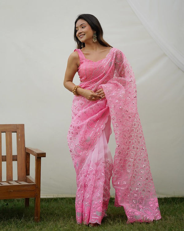 Carnation Pink Designer Organza saree with Sequence Work