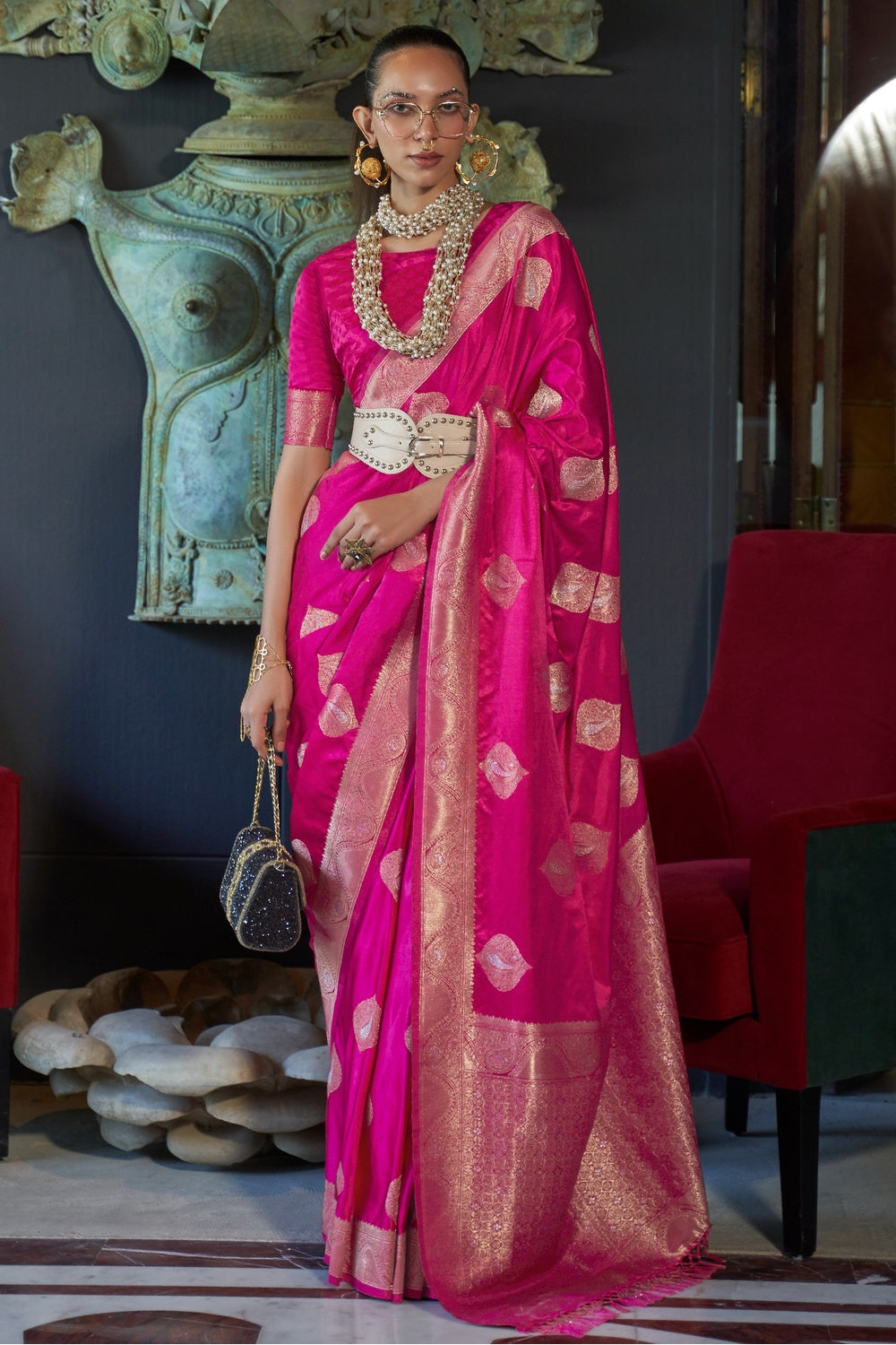 Buy MySilkLove Lipstick Pink Woven Banarasi Silk Saree Online