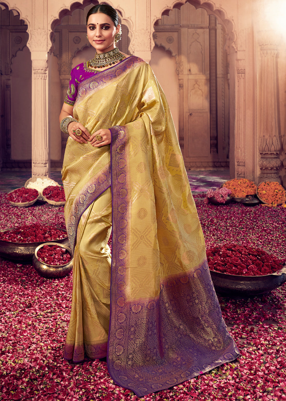 Buy MySilkLove Sunset Yellow and Purple Zari Woven Designer Banarasi Saree Online