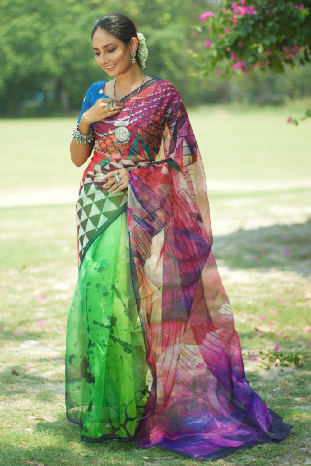 Buy MySilkLove Forest Green and Purple Floral Design Organza Printed Saree Online