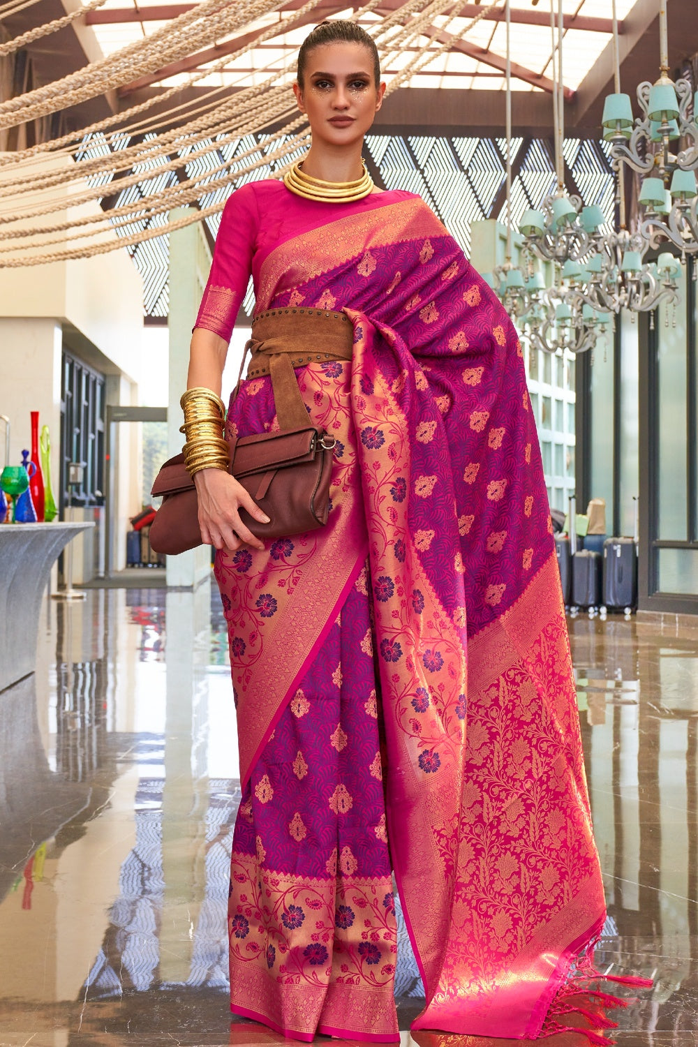 Buy MySilkLove Rose Bud Cherry Pink and Purple Woven Handloom Banarasi Silk Saree Online