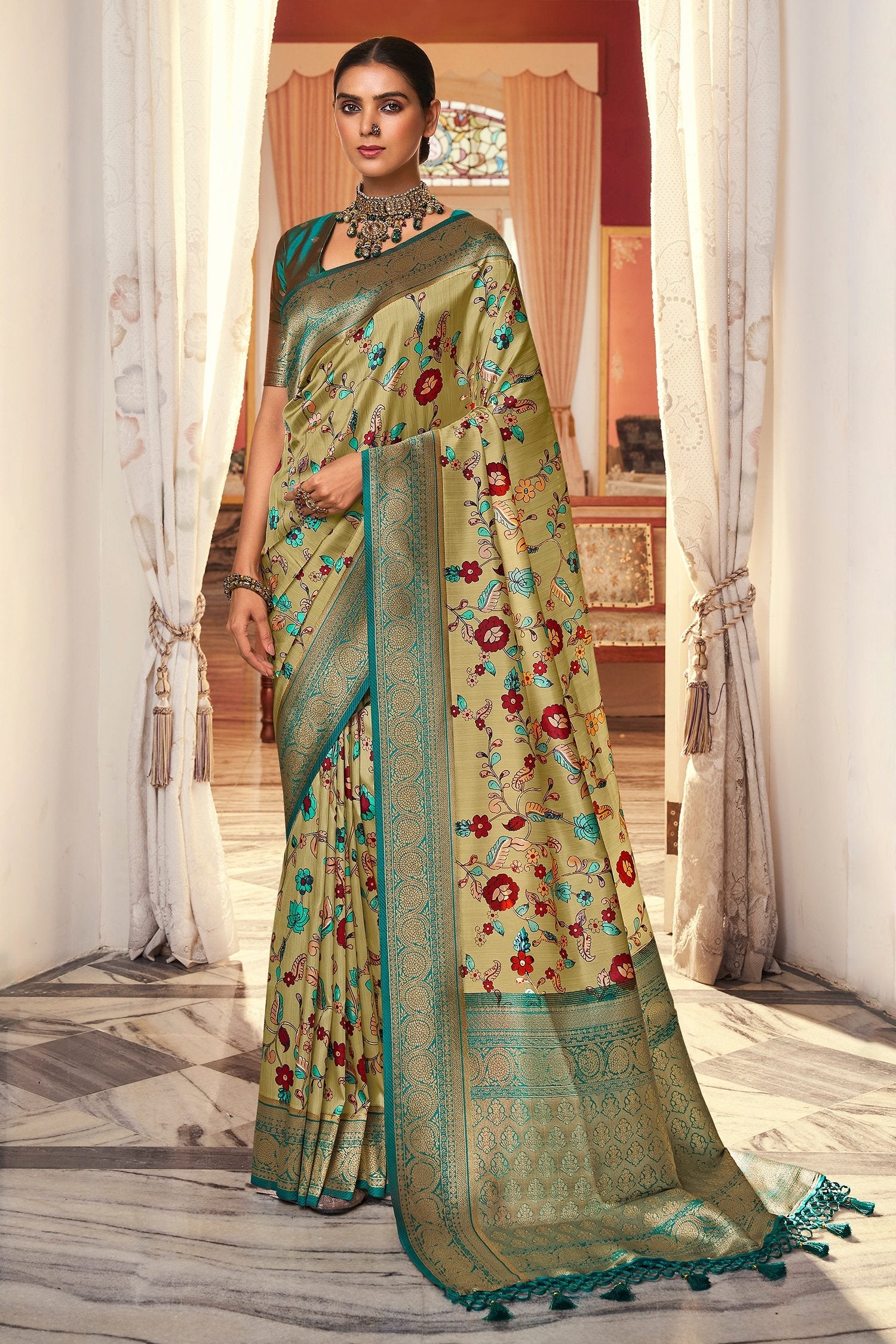 Buy MySilkLove Sycamore Green Digital Printed Banarasi Silk Saree Online