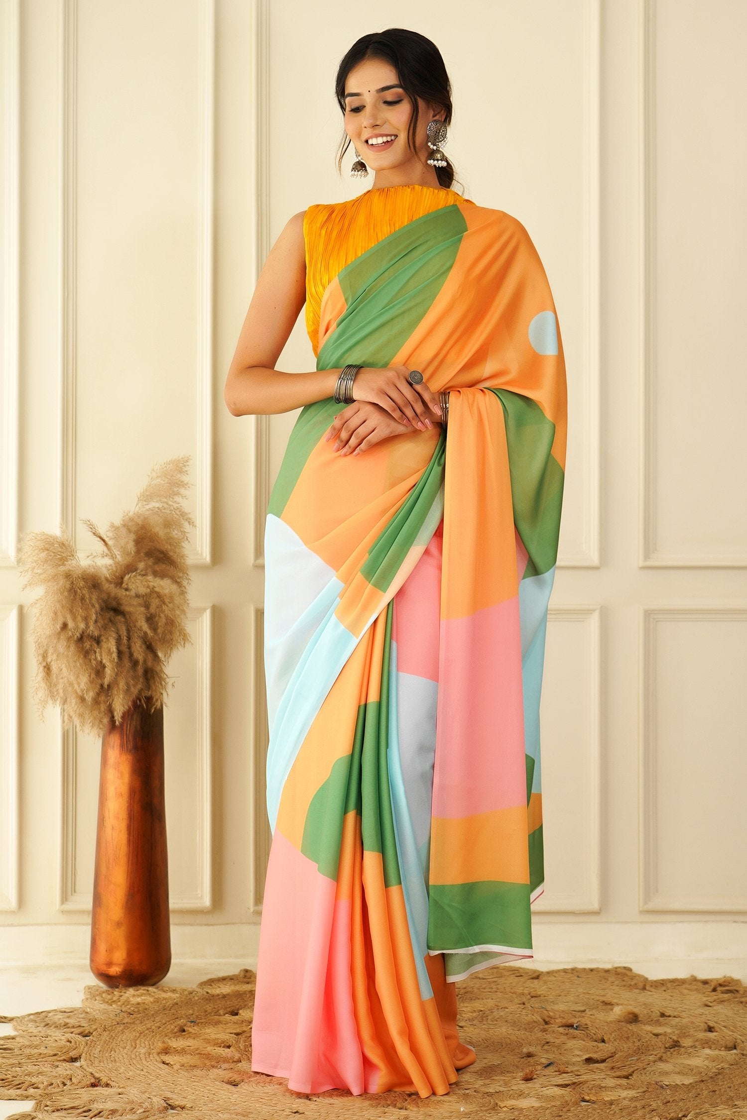 Buy MySilkLove Macaroni Orange Multicolor Crepe Silk Georgette Saree Online