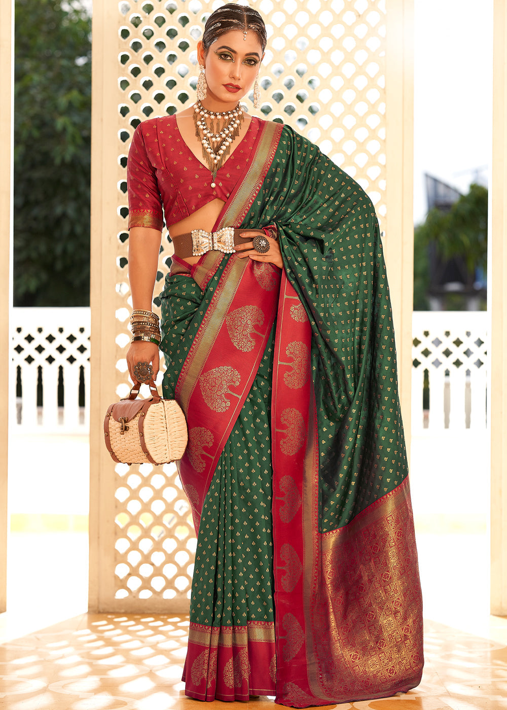 Buy MySilkLove Tom Thumb Green and Red Woven Banarasi Soft Silk Saree Online