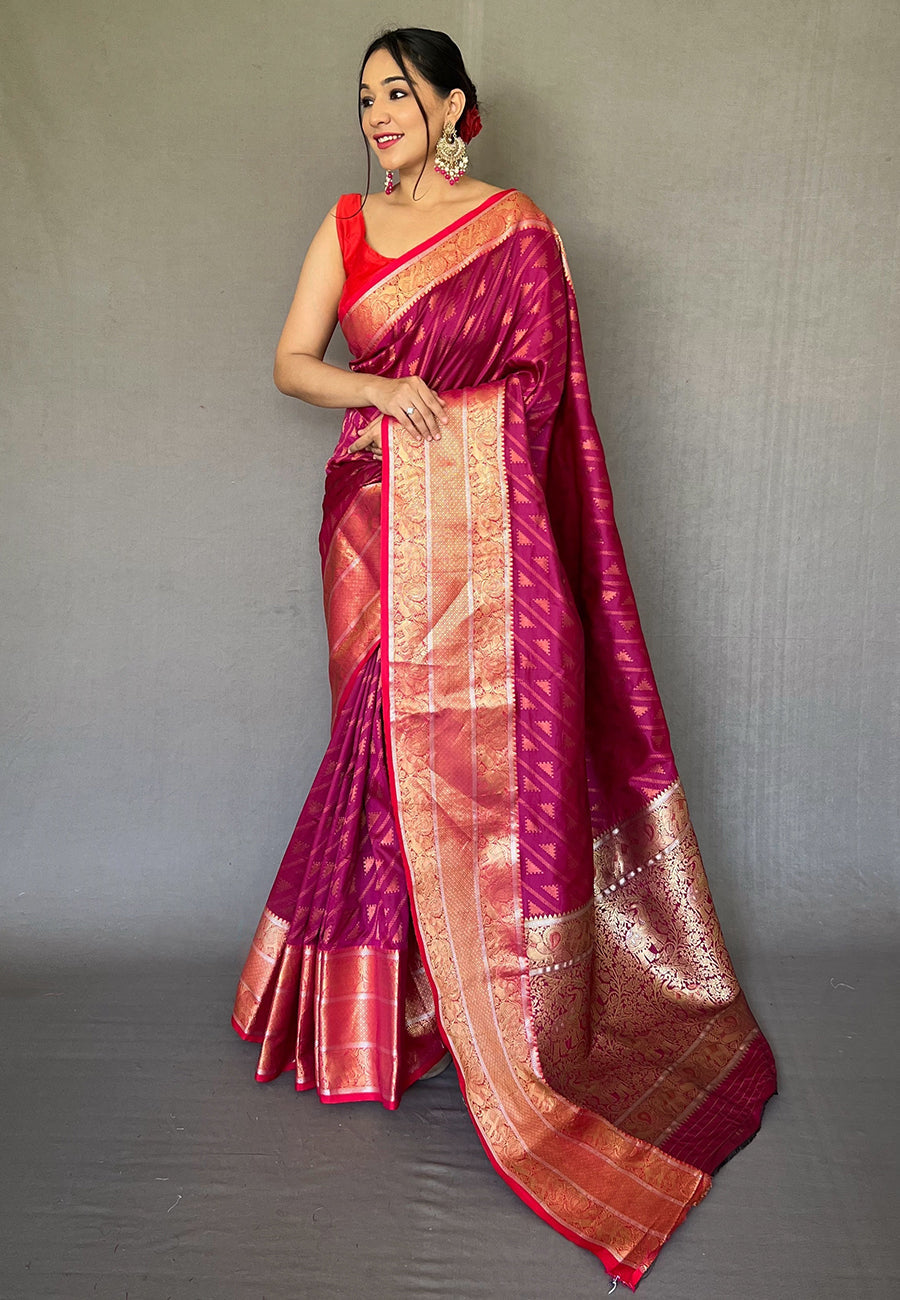 Buy MySilkLove Dark Maroon Banarasi Silk Leheriya Copper Zari Woven Saree Online