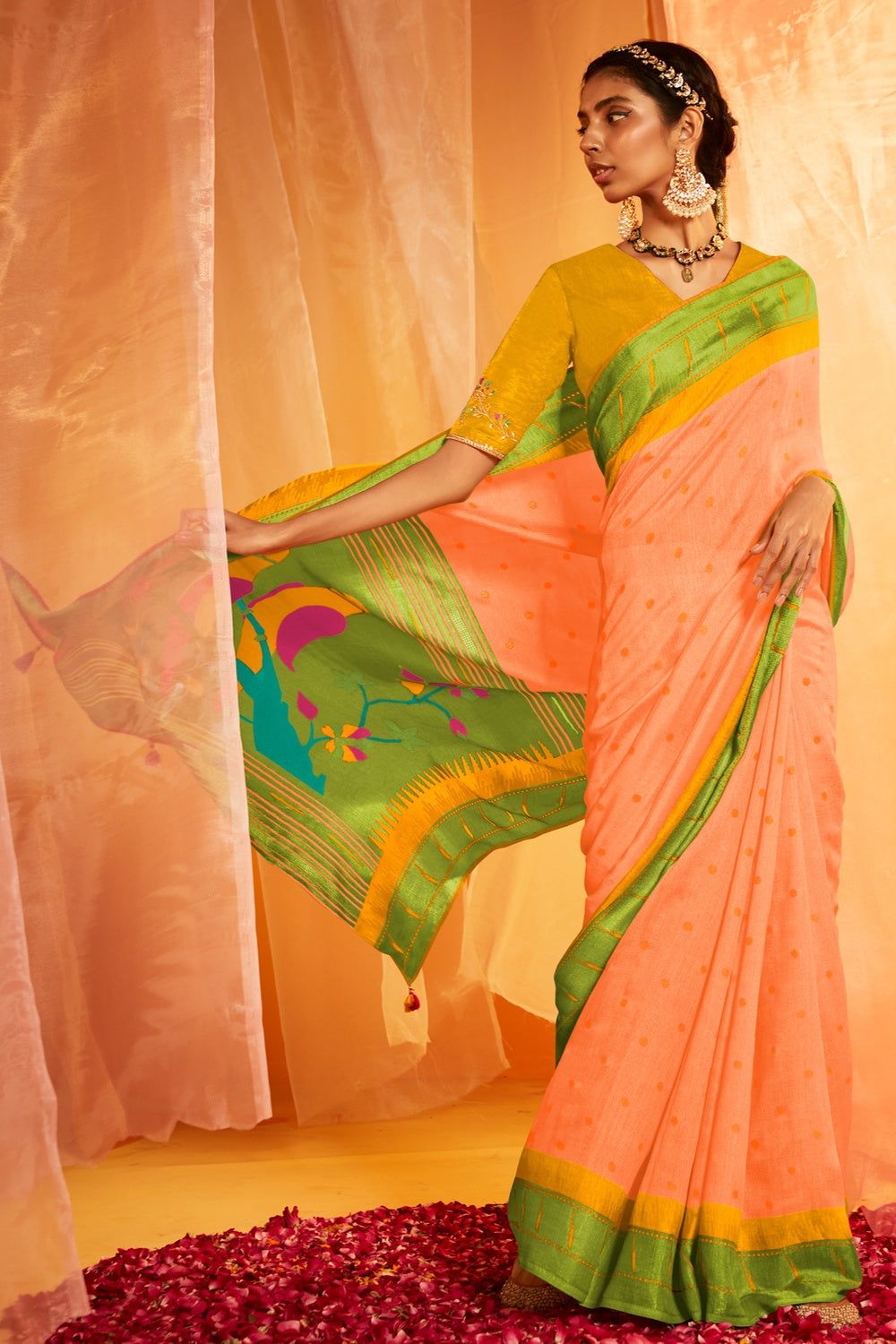 Buy MySilkLove Peach Orange Peach Woven Paithani Silk Saree Online