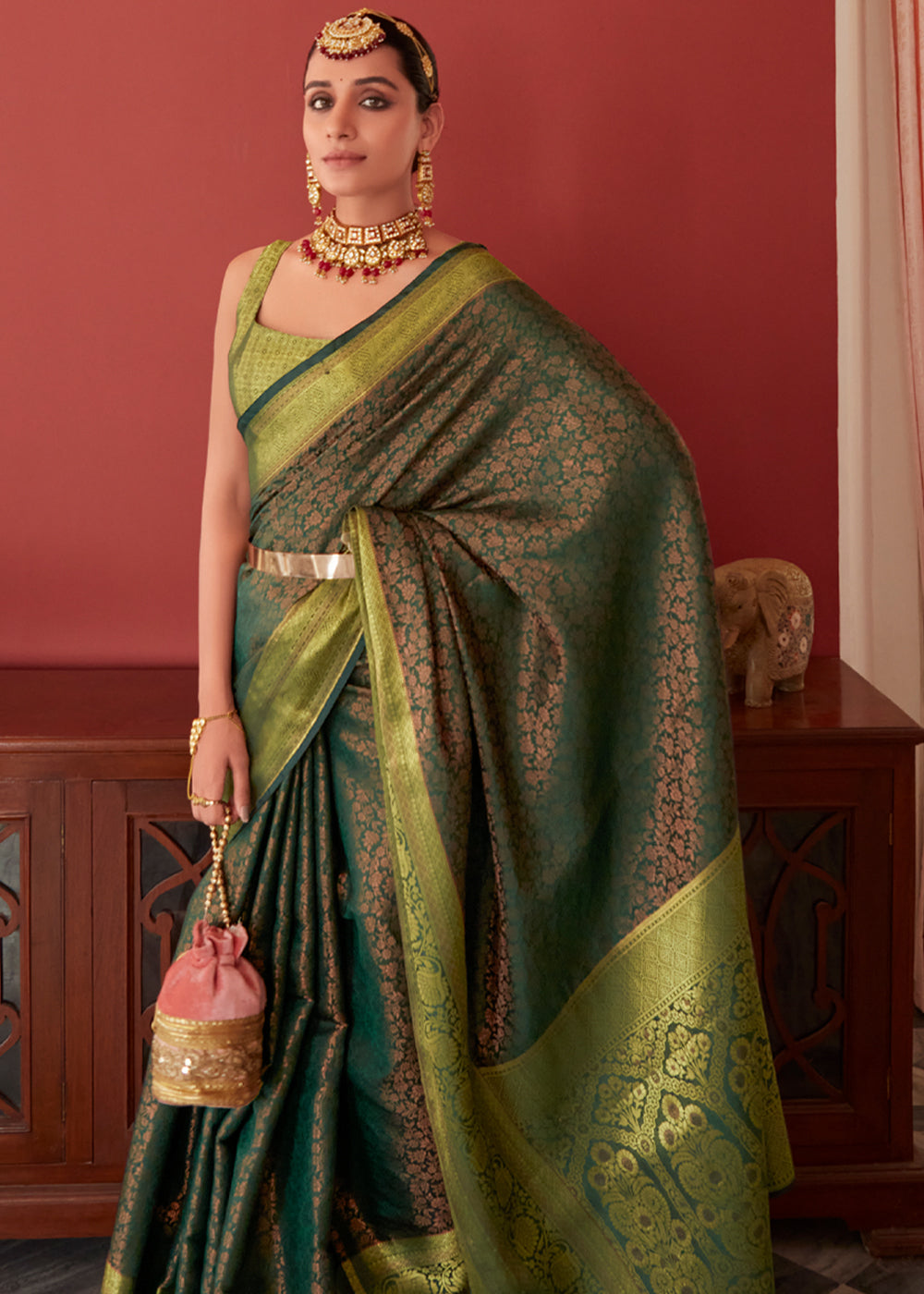 Buy MySilkLove Finch Green Bronze Zari Woven Kanjivaram Silk Saree Online