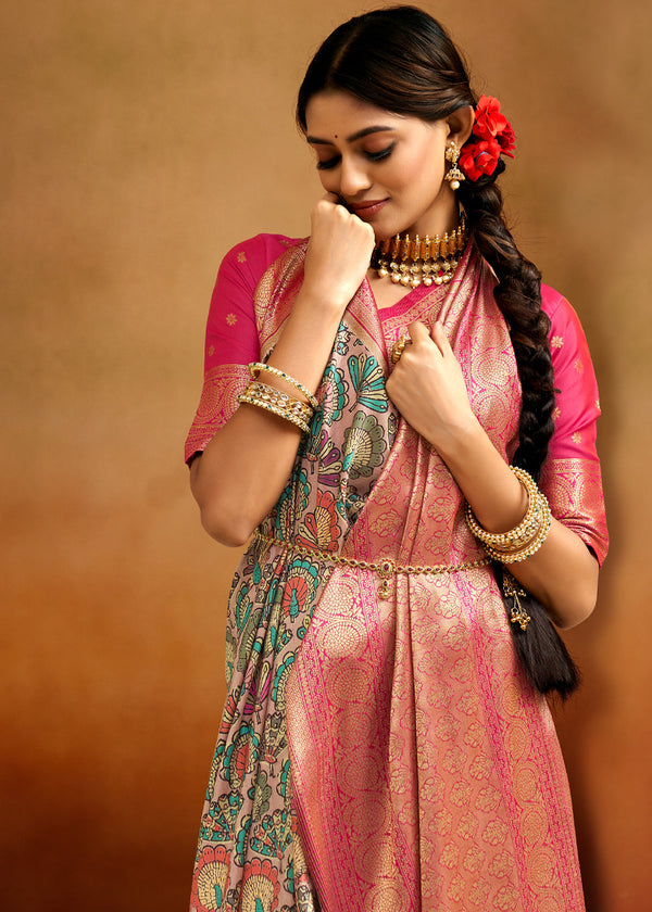Multicolor Brown Woven Banarasi Kalamkari Silk Saree