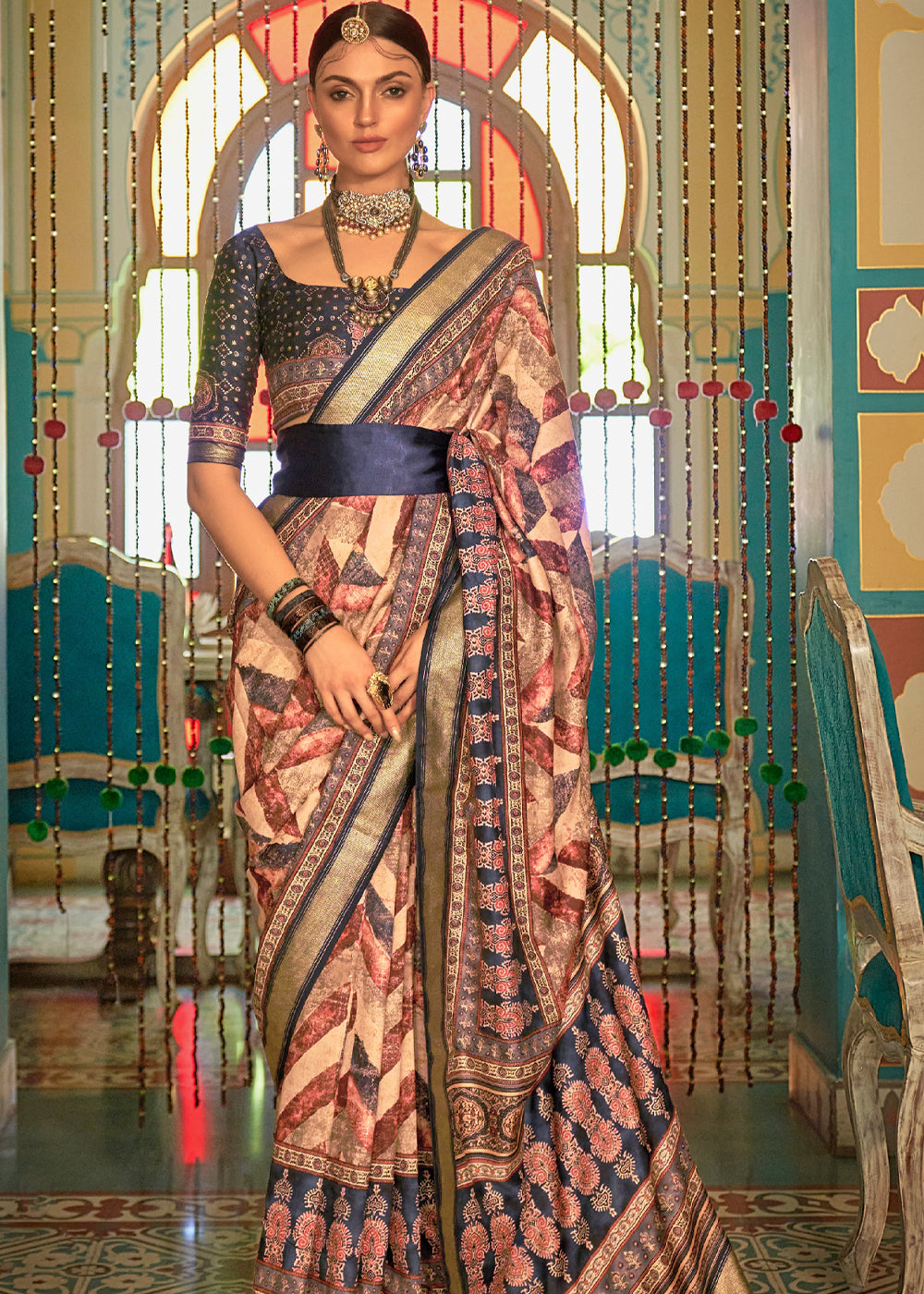 MySilkLove Calico Cream and Blue Printed Patola Soft Silk Saree