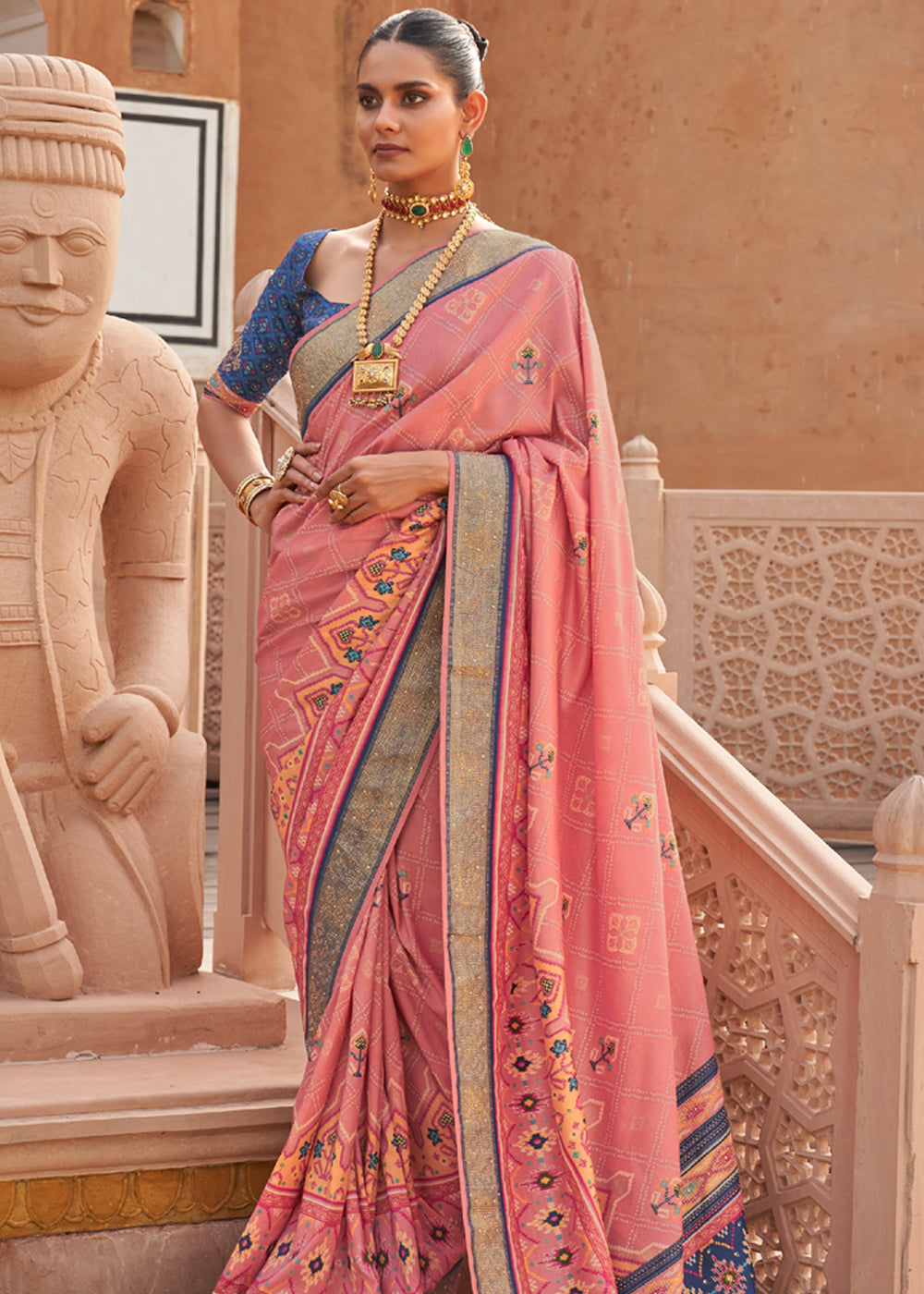 MySilkLove Geraldine Peach Printed Patola Silk Saree