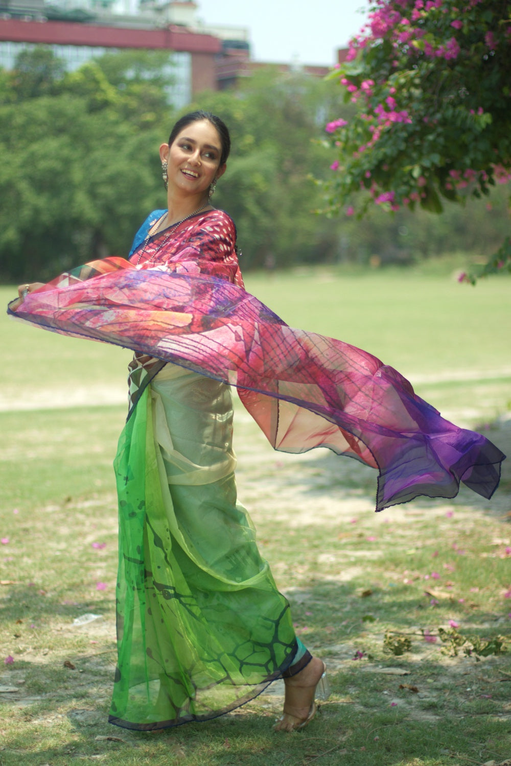 MySilkLove Forest Green and Purple Floral Design Organza Printed Saree