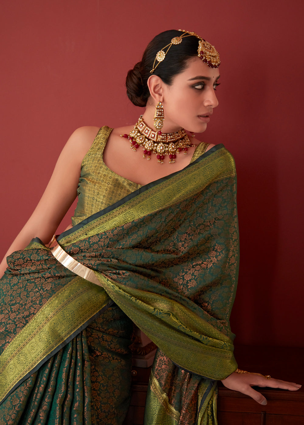 MySilkLove Finch Green Bronze Zari Woven Kanjivaram Silk Saree