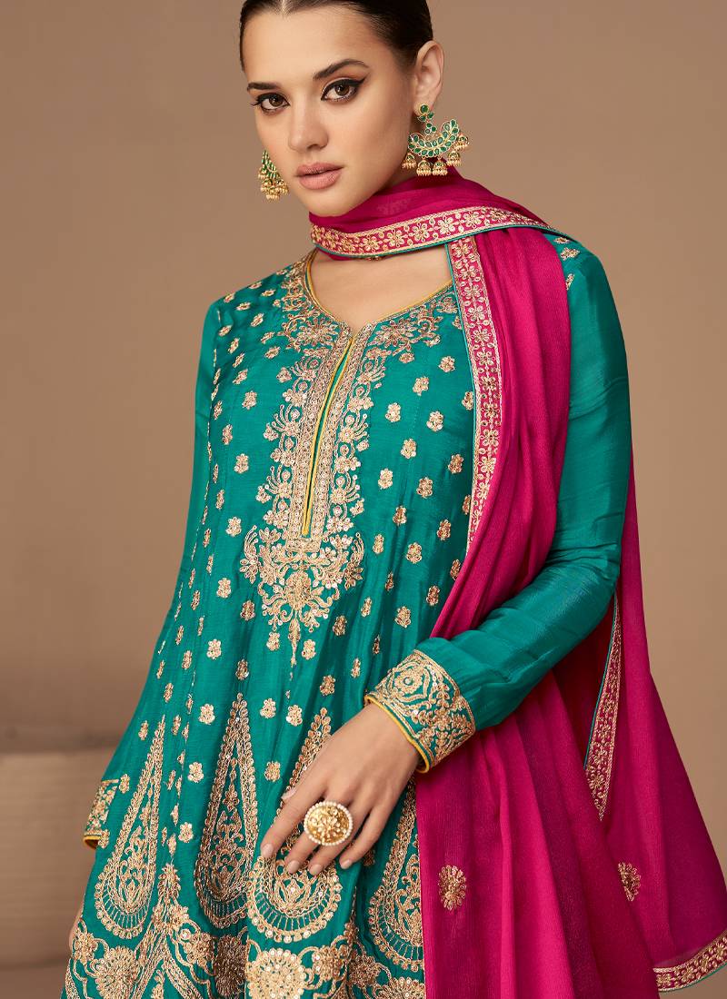 MySilkLove Teal Green Embroidered Work Silk Semi Stitch Salwar Kameez With Dupatta Set