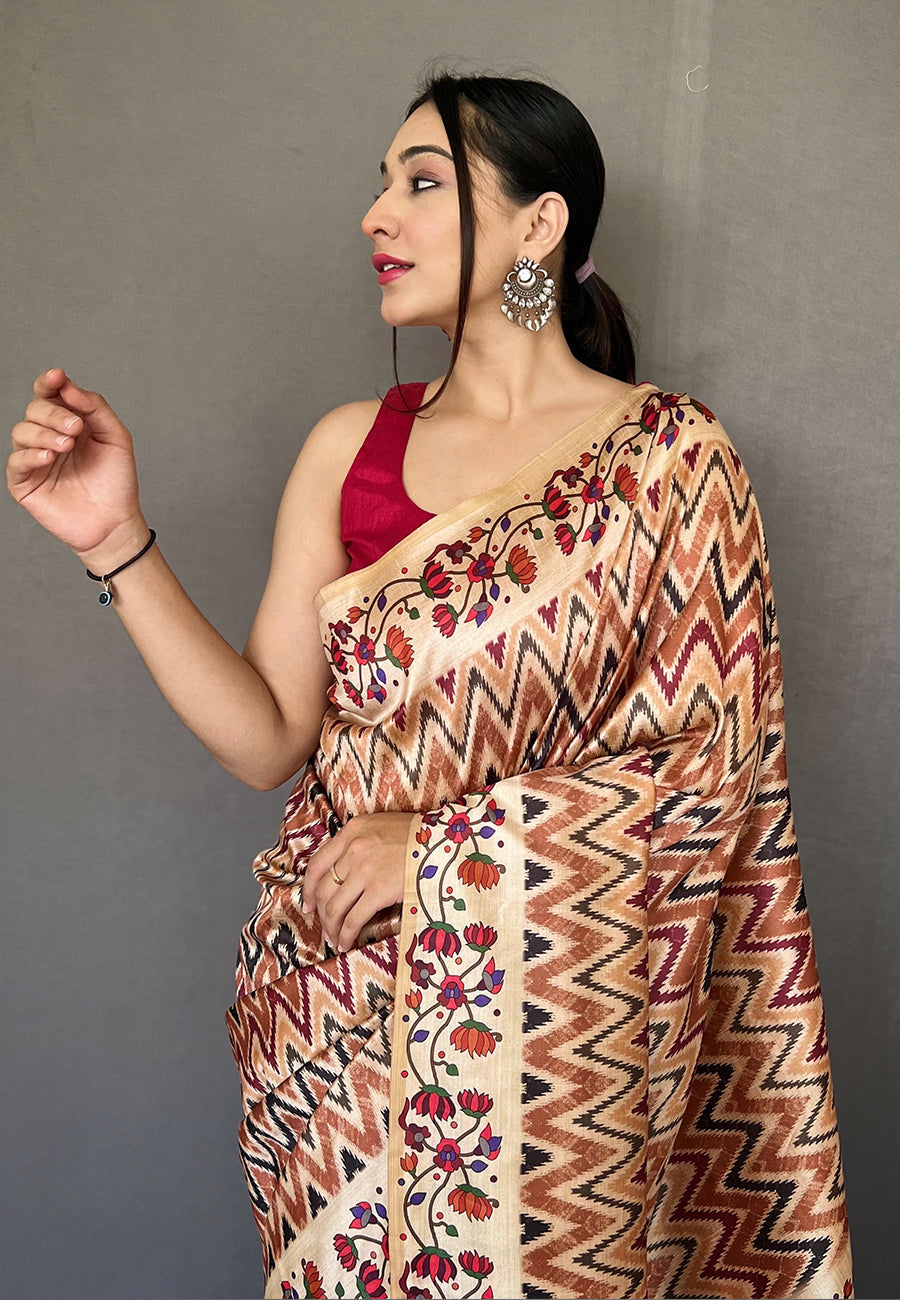 MySilkLove Metallic Brown Multicolor Ikat Printed Saree