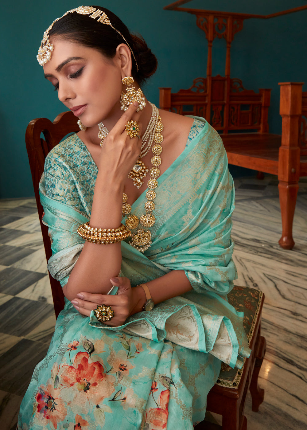 MySilkLove Patina Green Woven Banarasi Floral Printed Silk Saree