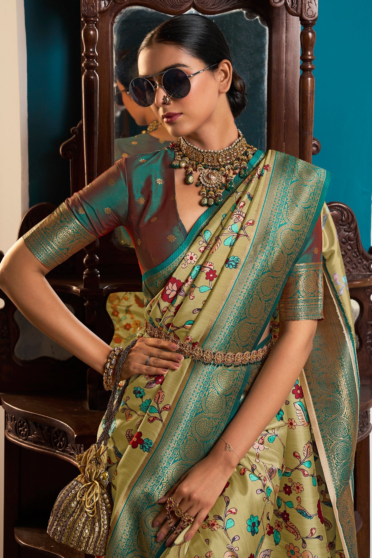 Buy MySilkLove Sycamore Green Digital Printed Banarasi Silk Saree Online