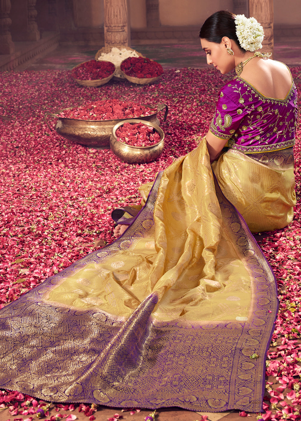 MySilkLove Sunset Yellow and Purple Zari Woven Designer Banarasi Saree