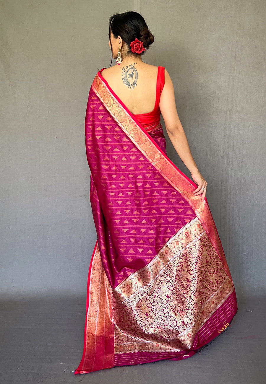 Buy MySilkLove Dark Maroon Banarasi Silk Leheriya Copper Zari Woven Saree Online