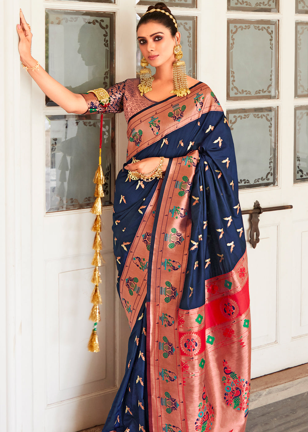 Buy MySilkLove Oxford Blue and Red Zari Woven Paithani Silk Saree Online