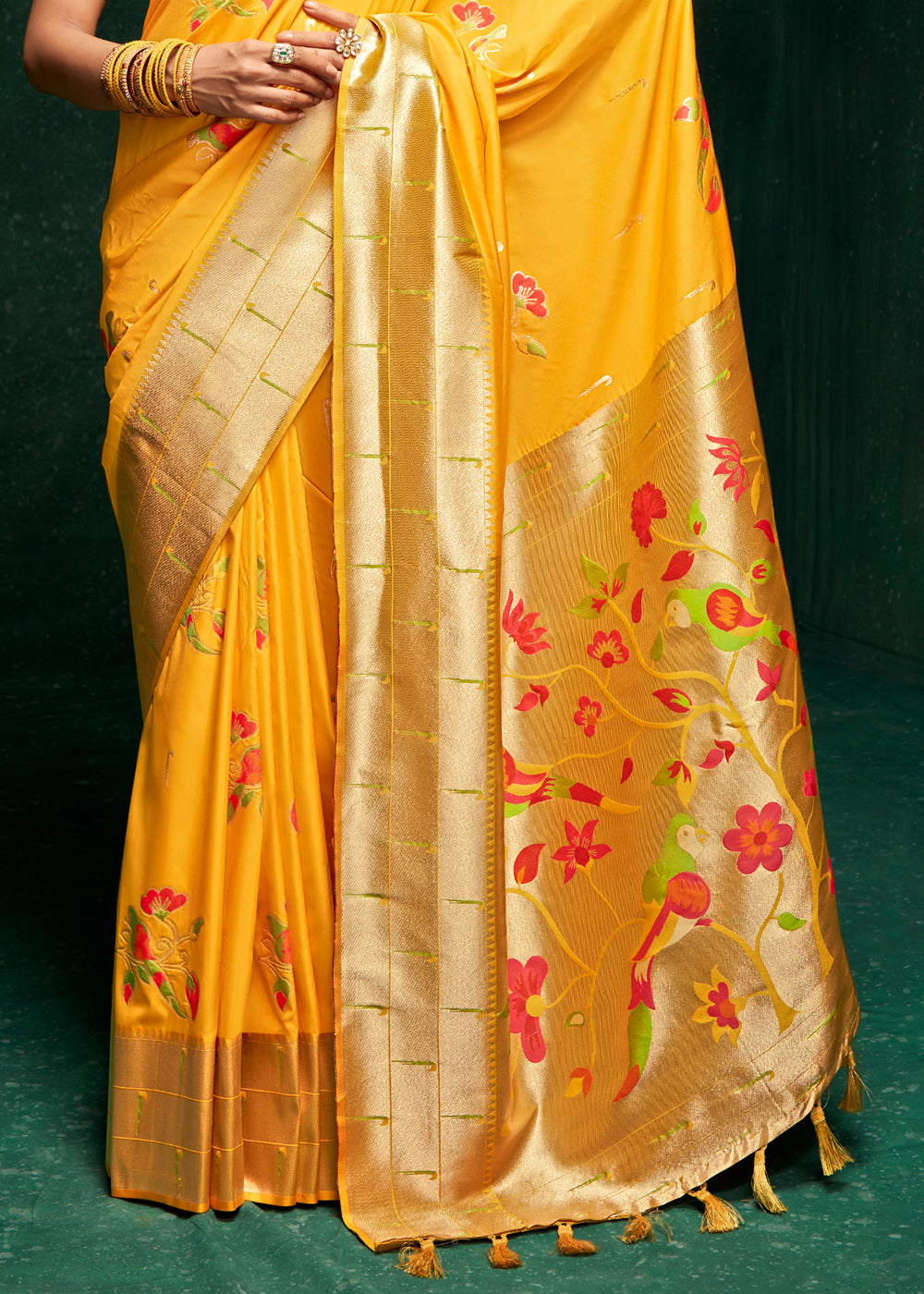 Buy MySilkLove Brandy Punch Yellow Woven Paithani Silk Saree With Brocade Blouse Online