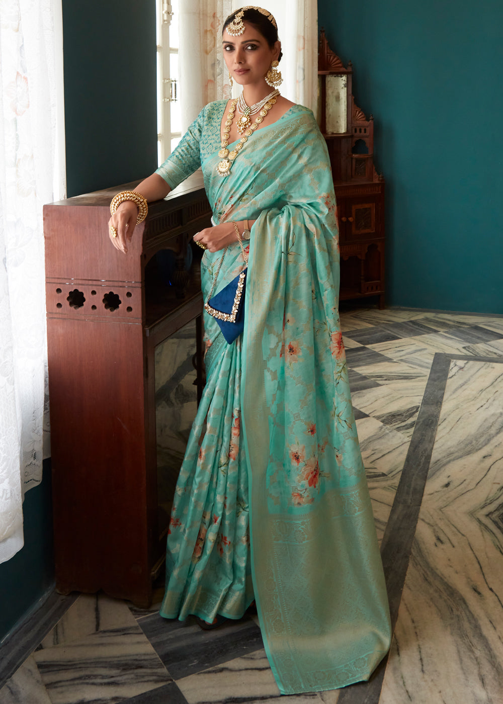 Buy MySilkLove Patina Green Woven Banarasi Floral Printed Silk Saree Online