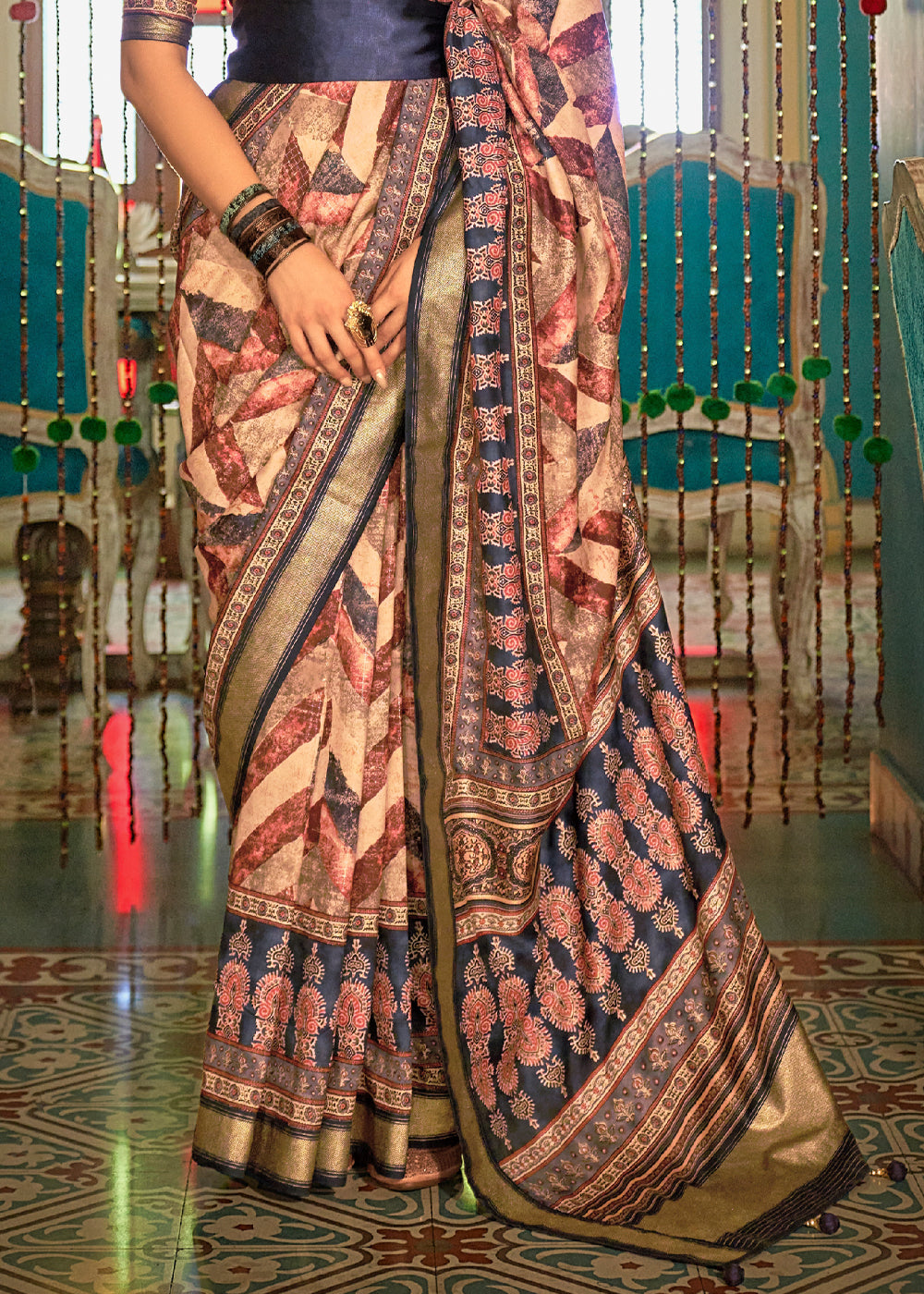 Buy MySilkLove Calico Cream and Blue Printed Patola Soft Silk Saree Online