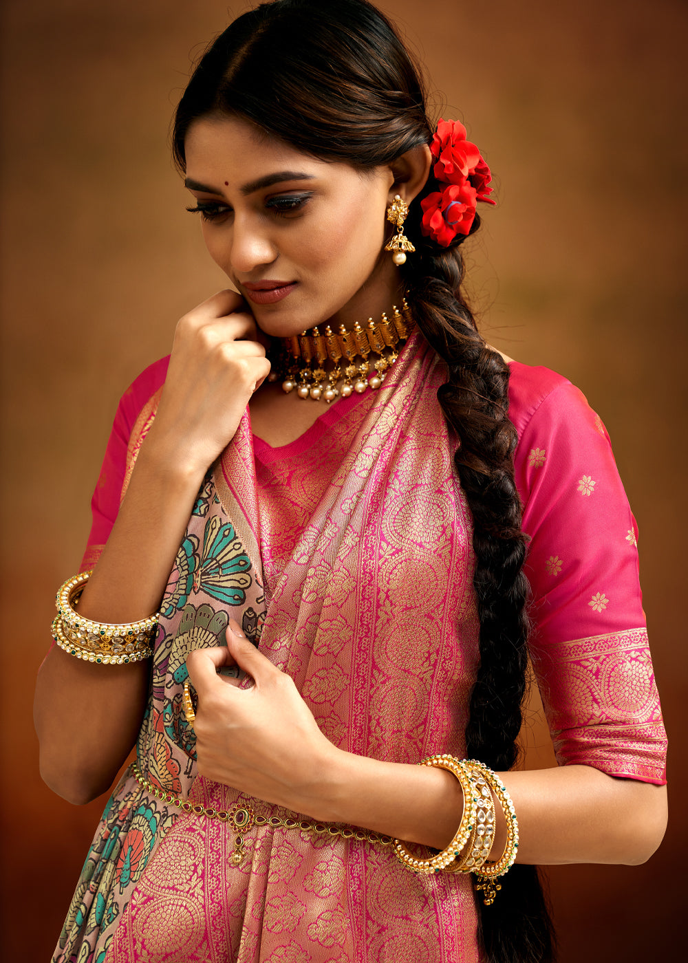 Buy MySilkLove Multicolor Brown Woven Banarasi Kalamkari Silk Saree Online