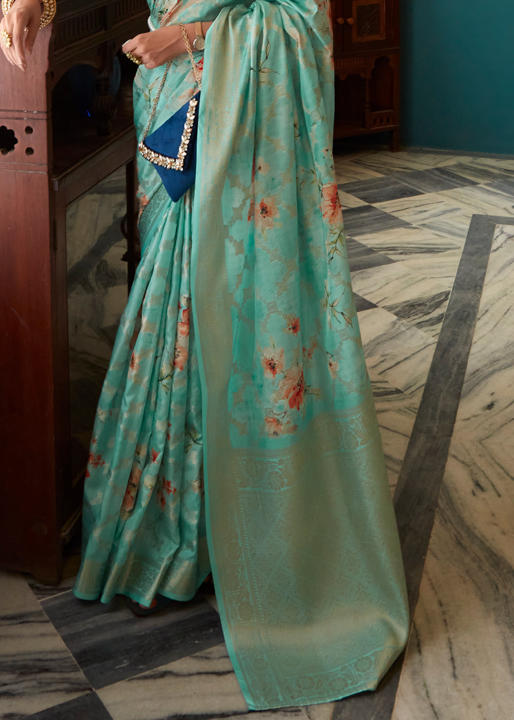 Buy MySilkLove Patina Green Woven Banarasi Floral Printed Silk Saree Online