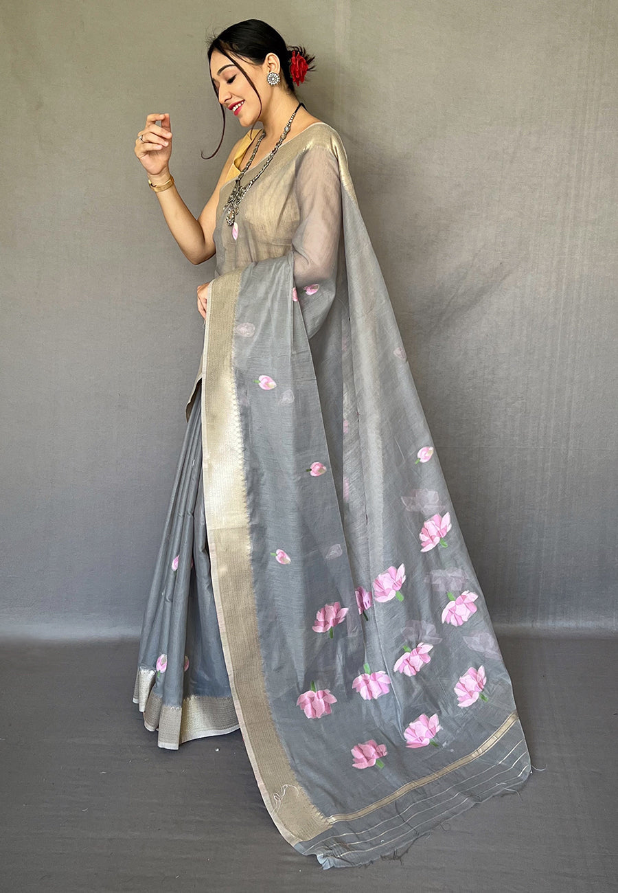 Buy MySilkLove Dawn Grey Cotton Lotus Woven Silk Saree Online