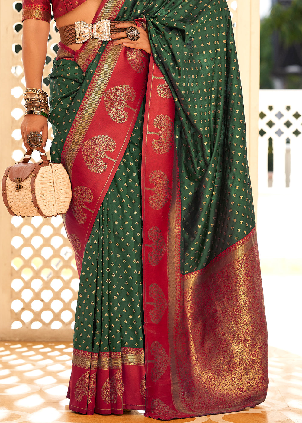 Buy MySilkLove Tom Thumb Green and Red Woven Banarasi Soft Silk Saree Online