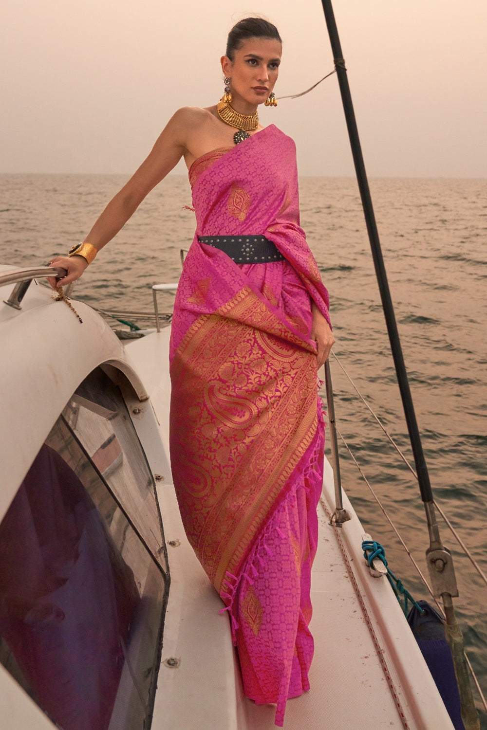 Buy MySilkLove Rosy Pink Woven Satin Handloom Silk Saree Online
