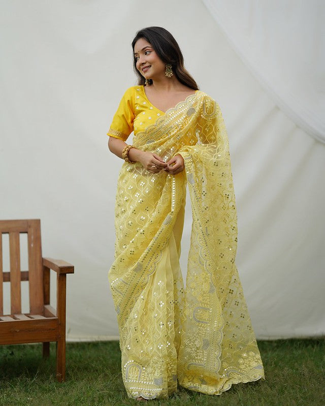 Buy MySilkLove Tacha Yellow Designer Organza saree with Sequence Work Online